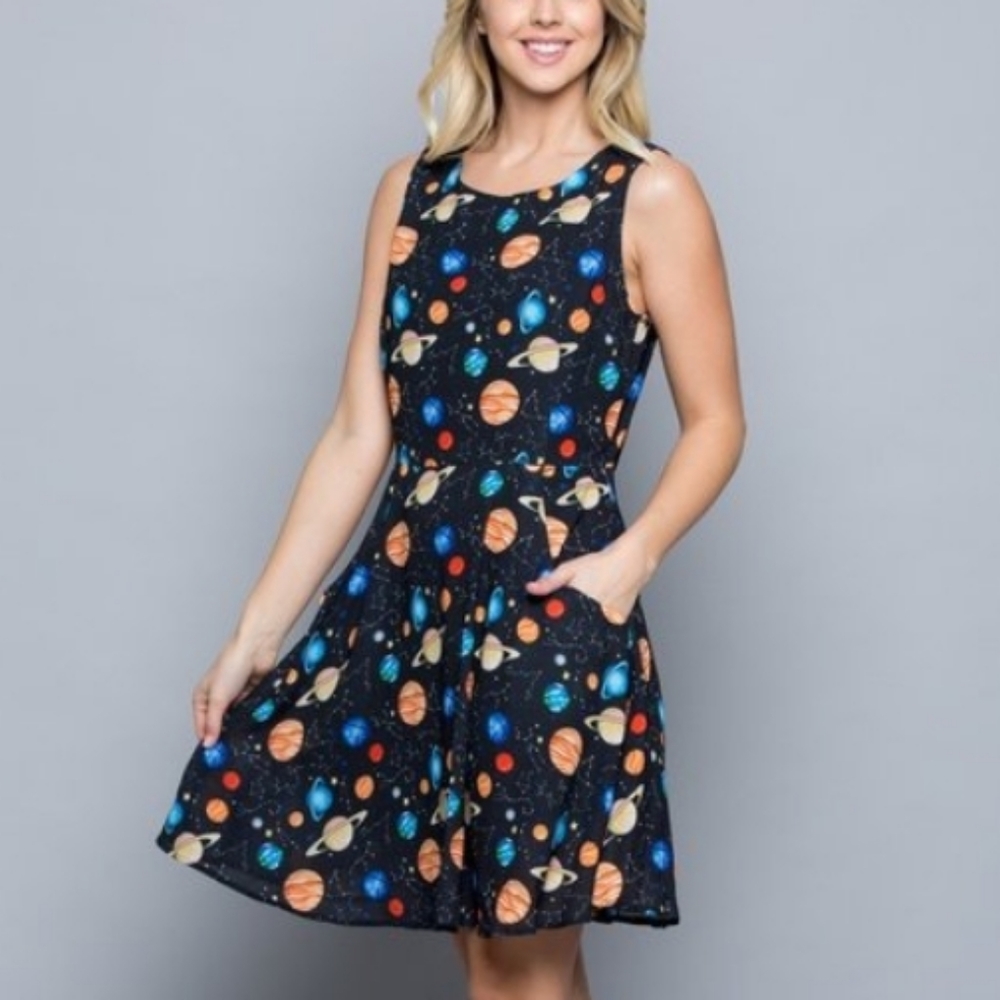 Ms Frizzle Galaxy Space dress with pockets planets